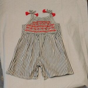 Girl's Toddlers white and blue stripe romper with red embroidery 4T NWOT